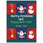 Personalised Merry Christmas and Happy New Year Card with Santa Reindeer and Snowman Design