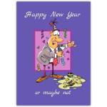 Funny Happy New Year Card with Cartoon Man and Champagne Celebration Design