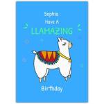 Personalised Llamazing Birthday Card with Llama Pun on Blue Background