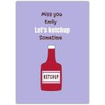 Personalised Miss You Card with Funny Ketchup Pun on Purple Background