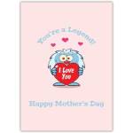 Cute Mother's Day Card Featuring Funny Yeti Holding Heart I Love You Legend Design