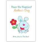 Cute Blue Bunny Mothers Day Greeting Card with Red Flower for Mom