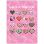 Mothers Day Patchwork Hearts I Love You Mum Greeting Card Pink Design