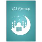 Eid Greetings Card Blue Mosque and Crescent Moon Religious Celebration Design