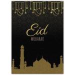 Eid Mubarak Greeting Card with Gold Mosque Silhouette and Crescent Moon Design