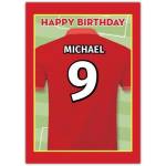Personalised Red Football Shirt Birthday Card with Number and Name Customisation