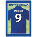 Personalised Football Shirt Birthday Card with Name and Number on Blue Pitch Background