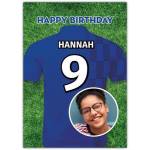 Personalised Blue Football Jersey Photo Upload Birthday Card for Kids