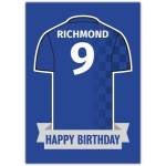 Personalised Blue Football Jersey Happy Birthday Card