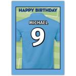 Personalised Light Blue Football Shirt Birthday Card with Number and Name Option