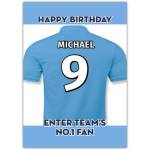 Personalised Light Blue Football No 1 Fan Birthday Card with Custom Name and Number