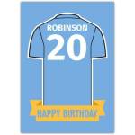 Personalised Light Blue Football Jersey Birthday Card with Name and Number