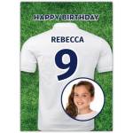 Personalised Football Jersey Birthday Card with Photo Upload in Blue and White