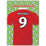 Personalised Red Football Shirt Birthday Card with Soccer Ball Background