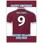 Personalised No.1 Football Fan Birthday Card with Custom Name and Number in Claret and Blue