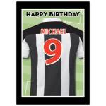 Personalised Happy Birthday Football Shirt Card Black and White Striped Jersey Design