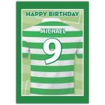 Personalised Green Striped Football Shirt Birthday Card with Custom Name and Number