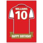 Personalised Red and White Football Jersey Happy Birthday Card with Name and Number