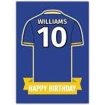Personalised Blue Football Jersey Happy Birthday Card with Custom Name and Number