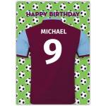 Personalised Football Jersey Birthday Card with Purple Blue Design and Soccer Balls