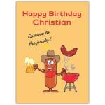 Personalised Happy Birthday Christian Humorous BBQ Sausage Party Card