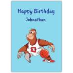 Personalised Happy Birthday Card with Basketball Playing Gorilla Cartoon Design