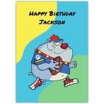 Personalised Boys Birthday Card Blue Bulldog Playing Rugby Sports Theme