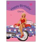 Personalised Retro Pin-Up Style Birthday Card with Classic Car and Stars Design