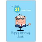 Personalised Humorous 21st Birthday Card Blue Cartoon Man with Sunglasses Design