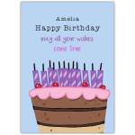 Personalised Happy Birthday Card with Chocolate Cake and Candles in Purple and Pink