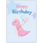 Personalised Pink Dinosaur Happy Birthday Card with Balloons for Kids