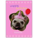 Personalised Happy Birthday Card with Party Dog Photo and Balloon on Pink Background