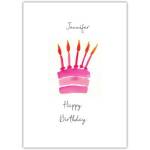Personalised Pink Birthday Cake Card with Candles – Custom Name and Message Option
