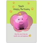 Personalised Piggy Bank Birthday Card with Happy Birthday Wishes for Health Love and Happiness
