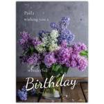 Personalised Purple and White Lilac Bouquet Birthday Card with Name on Cover