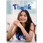 Personalised Thank You Card with Smiling Woman Photo and Blue Hearts Design
