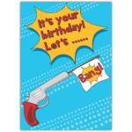 Fun Retro Gun Birthday Greeting Card with Flag and Comic Speech Bubble Design