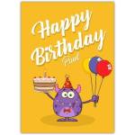 Personalised Happy Birthday Card with Cute Purple Monster Holding Cake and Balloons on Yellow Background