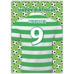 Personalised Football Themed Birthday Card for Kids with Name and Age on Green Stripe Jersey