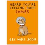 Personalised Dog Cone Get Well Soon Card with Name on Orange Background