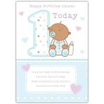 Personalised Baby Boy First Birthday Card with Teddy Bear and Bottle Design