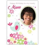 Personalised Happy Birthday Card for Mum Floral and Bird Design with Photo Frame