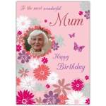 Personalised Floral Photo Birthday Card for Mum with Butterflies and Pink Background