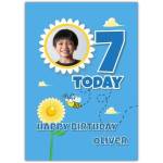 Personalised Age 7 Birthday Card for Boys with Photo Blue Daisy and Bee Design