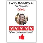 Personalised Happy Anniversary First Class Wife Photo Card with Hearts and Thumbs Up Design