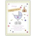 Personalised Christening Card with Baby Pram and Church Design for Newborn Celebration