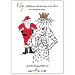Humorous Christmas Card Office Work and Santa Suit Joke with Cartoon Characters