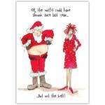 Funny Santa Christmas Card with Humorous Shrinking Outfit Cartoon Design