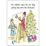 Funny Christmas Card with Women Drinking and Decorating Tree Humorous Holiday Cheers Design