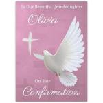 Personalised Confirmation Card for Granddaughter with White Dove and Cross on Pink Background
